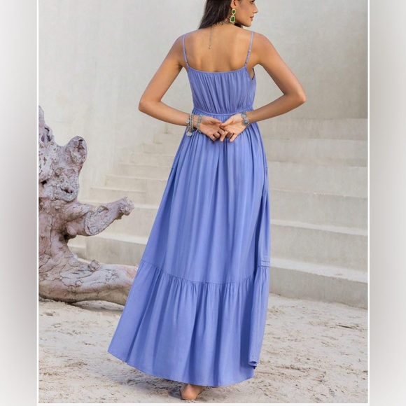 Blue Boho Solid Ruffle Hem Cami Dress - Picture 3 of 10